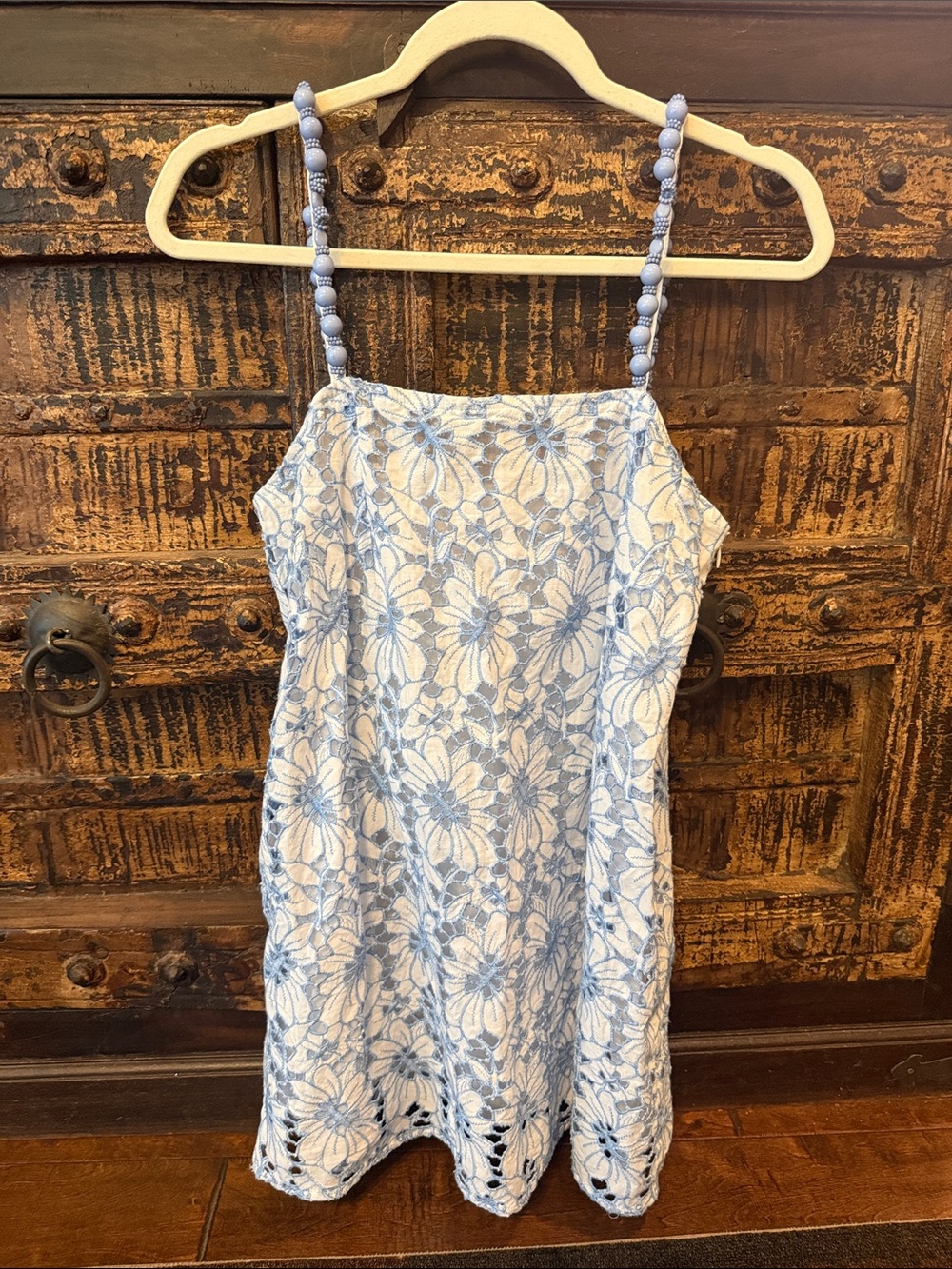 Blue and White Floral Mini Dress with Beaded Straps